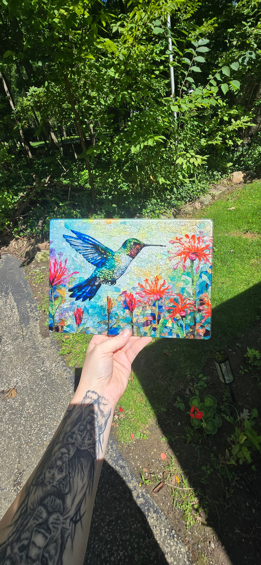 8x11 Glass Cutting Board- Hummingbird